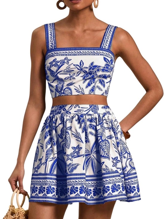 Think Vintage Online Dresses & Skirts - Blue and White Floral Two-Piece Crop Top & Skirt Set NEW